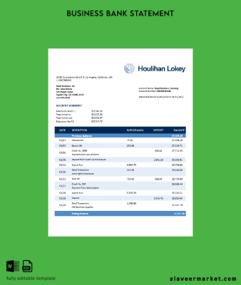 Houlihan Lokey Inc Banka Şirket checking account Hesap Özeti Word and PDF Şablon