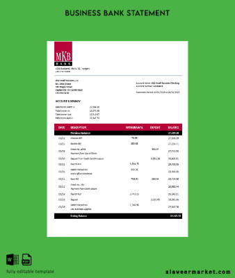 Macaristan MKB Banka İşletme account Hesap Özeti Word and PDF Şablon