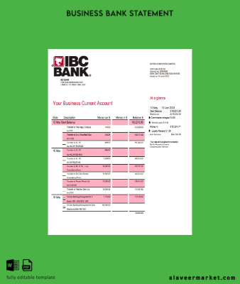 IBC Banka İşletme checking account Hesap Özeti Word and PDF Şablon