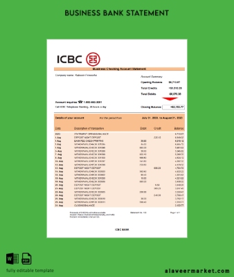 ICBC Banka İşletme checking account Hesap Özeti Word and PDF Şablon