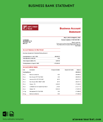 Kimlik Kartı First Şirket checking account Hesap Özeti Word and PDF Şablon