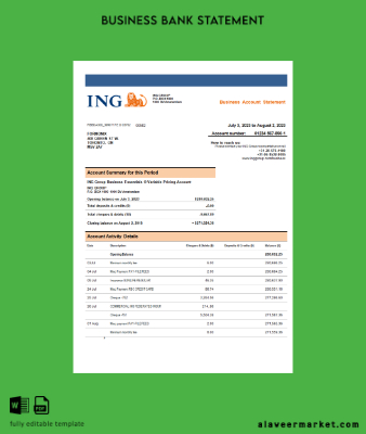 ING Group Banka Şirket account Hesap Özeti Word and PDF Şablon