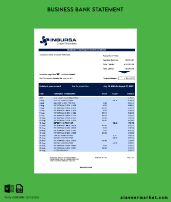 Inbursa Banka Şirket checking account Hesap Özeti Word and PDF Şablon