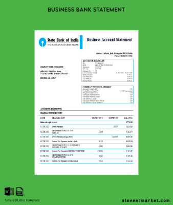 Hindistan State Banka of Hindistan İşletme Banka Şirket Hesap Özeti Word and PDF format