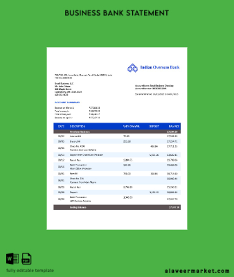 Hindistan Overseas Banka organization account Hesap Özeti Word and PDF Şablon