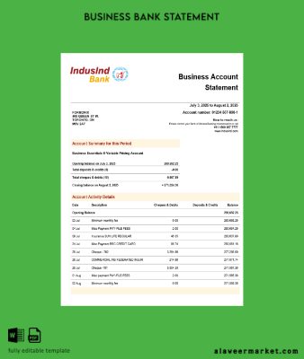 Induslnd organization checking account Hesap Özeti Word and PDF format