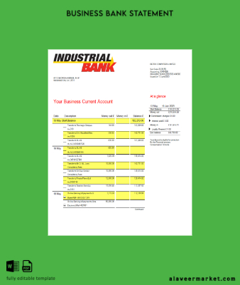Industrial Banka firm account Hesap Özeti Word and PDF Şablon