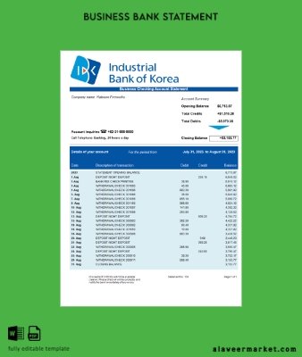 Industrial Banka of Korea İşletme Hesap Özeti Word and PDF Şablon