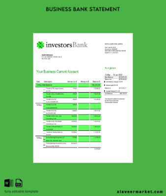 Investors Banka İşletme checking account Hesap Özeti Word and PDF Şablon