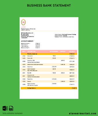 İran Melli Banka İşletme checking account Hesap Özeti Word and PDF Şablon 1