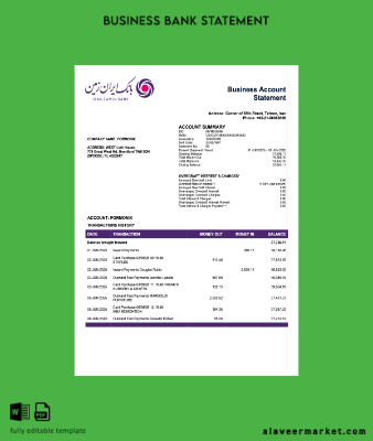 İran Zamin Banka firm account Hesap Özeti Word and PDF Şablon