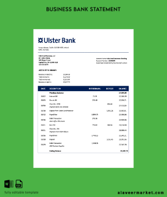 Irish Ulster Banka İşletme checking account Hesap Özeti Word and PDF Şablon