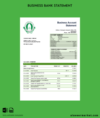 Islami Banka İşletme Hesap Özeti Word and PDF Şablon