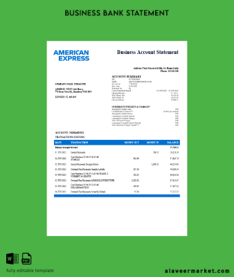 Italian American Express Amex Şirket checking account Hesap Özeti Word and PDF Şablon