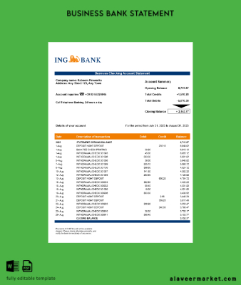 Italian ING Banka enterprise account Hesap Özeti Word and PDF Şablon