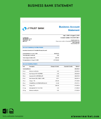 J Trust Royal İşletme Banka Şirket Hesap Özeti Word and PDF format
