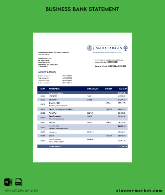 J. Safra Sarasin Banka İşletme Hesap Özeti Word and PDF Şablon