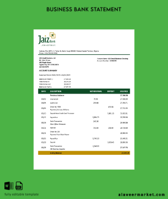 Jaiz İşletme Banka Hesap Özeti Word and PDF format (1)