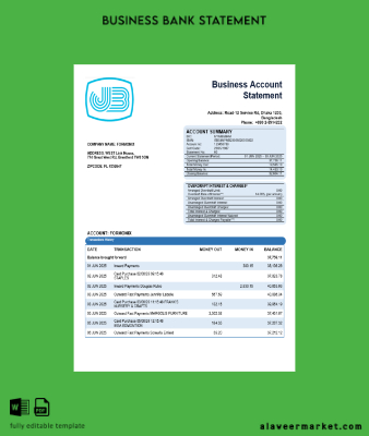 Janata Banka İşletme Banka Hesap Özeti Word and PDF format