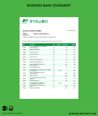 Japonya Post Banka organization checking account Hesap Özeti Word and PDF format