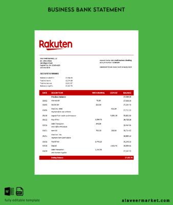 Japonya Rakuten İşletme account Hesap Özeti Word and PDF Şablon