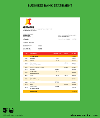 Jazz Cash İşletme firm Hesap Özeti Word and PDF format