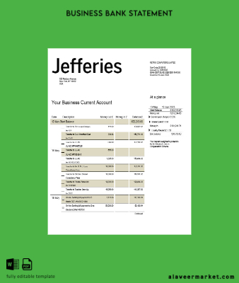 Jefferies Banka Şirket checking account Hesap Özeti Word and PDF Şablon