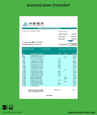 Jiangxi Banka İşletme checking account Hesap Özeti Word and PDF Şablon