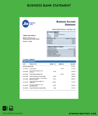 Jio Digital Life organization checking account Hesap Özeti Word and PDF Şablon