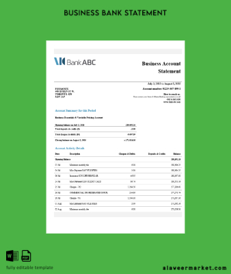 Ürdün ABC İşletme account Hesap Özeti Word and PDF Şablon