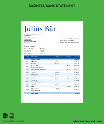 Julius Baer Banka Şirket Hesap Özeti Word and PDF Şablon