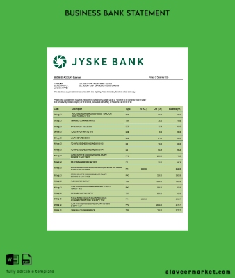Jyske Banka İşletme Hesap Özeti Word and PDF Şablon