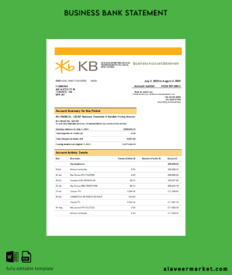 KB Financial Group Banka Şirket checking account Hesap Özeti Word and PDF Şablon