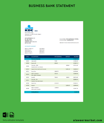 KBC Banka corporate account Hesap Özeti Word and PDF Şablon