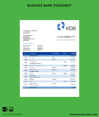 KDB Group Banka firm account Hesap Özeti Word and PDF Şablon