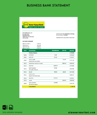 KVB Şirket checking account Hesap Özeti Word and PDF Şablon