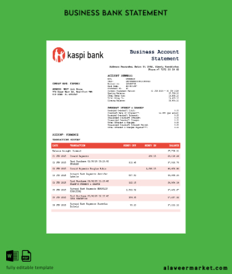 Kaspi Banka organization checking account Hesap Özeti Word and PDF Şablon
