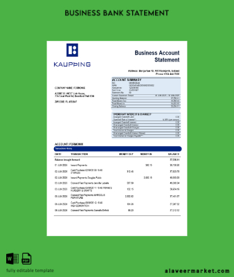 Kaupthing İşletme firm account Banka Hesap Özeti Word and PDF format