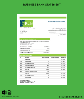 Kenya Commercial Bnak firm account Hesap Özeti Word and PDF Şablon