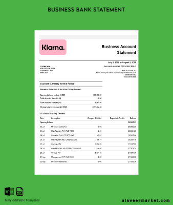 Klarna Banka firm account Hesap Özeti Word and PDF Şablon
