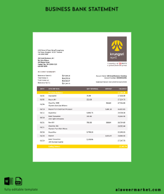 Banka of Ayudha İşletme Hesap Özeti Word and PDF Şablon