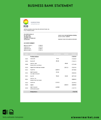 Kurdistan İşletme Banka Hesap Özeti Word and PDF format