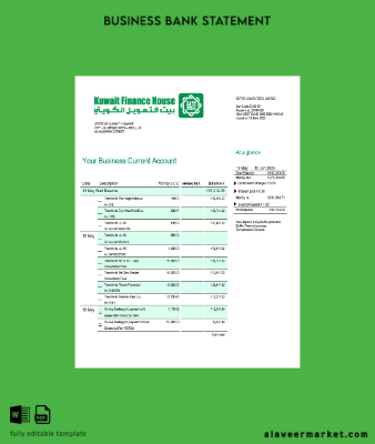 Kuveyt Finance House Banka firm account Hesap Özeti Word and PDF Şablon