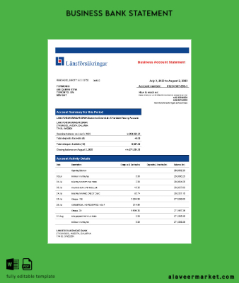 Lansforsakrigar Banka Şirket checking account Hesap Özeti Word and PDF Şablon