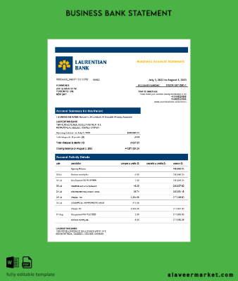 Laurentian Banka enterprise account Hesap Özeti Word and PDF Şablon