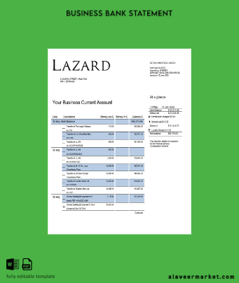 Lazard Banka İşletme Hesap Özeti Word and PDF Şablon