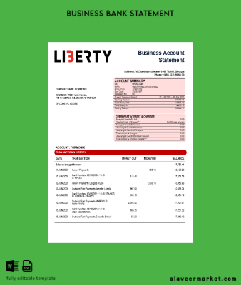 Liberty Banka organization checking account Hesap Özeti Word and PDF format