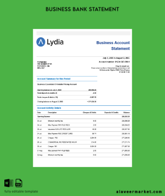 Lydia Noir Banka İşletme firm account Hesap Özeti Word snd PDF format