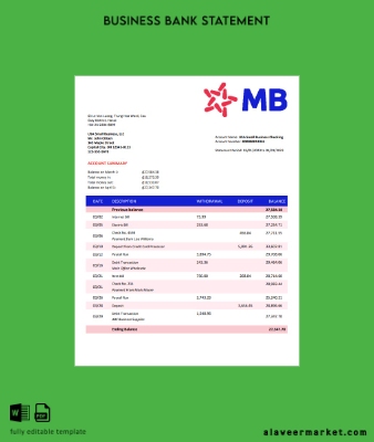 MB Banka Şirket Hesap Özeti Word and PDF Şablon