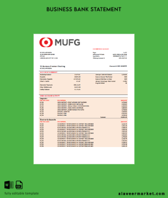 MUFG Banka İşletme checking account Hesap Özeti Word and PDF Şablon